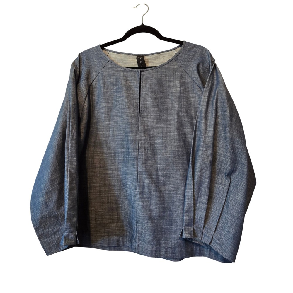 Zero + Maria Cornejo Chambray Top Womens 10 Blue Cotton Split Neck NY Minimalist